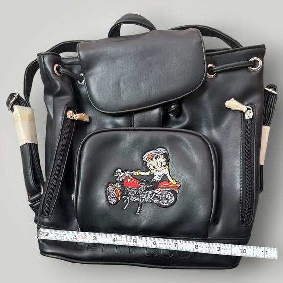 Vintage 2001 Betty Boop Motorcycle Black Faux Leather Backpack Embroidered Bag main image 8